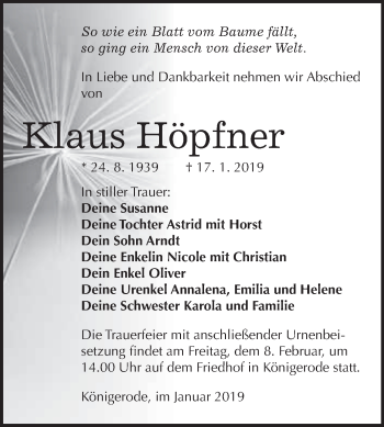 Traueranzeige von Klaus Höpfner von WVG - Wochenspiegel Quedlinburg
