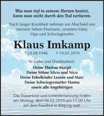Traueranzeige von Klaus Imkamp von Mitteldeutsche Zeitung Köthen