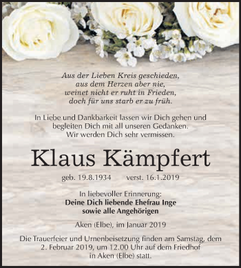 Traueranzeige von Klaus Kämpfert von WVG - Wochenspiegel Dessau / Köthen