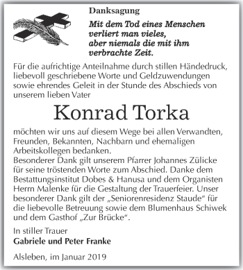 Traueranzeige von Konrad Torka von Super Sonntag Bernburg