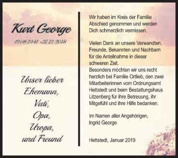 Traueranzeige von Kurt George von Wochenspiegel Mansfelder Land