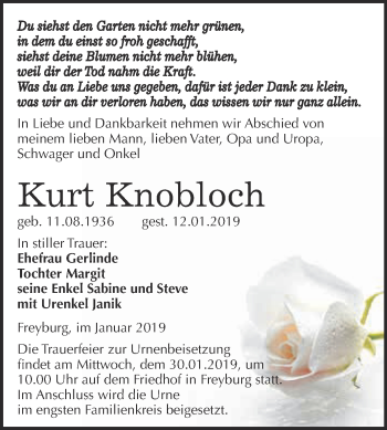 Traueranzeige von Kurt Knobloch von WVG - Wochenspiegel NMB / WSF / ZTZ