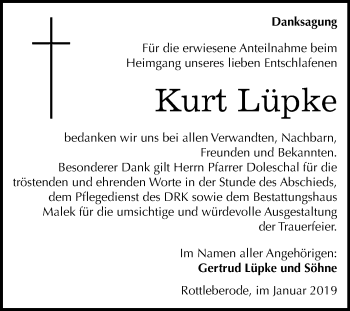 Traueranzeige von Kurt Lüpke von Super Sonntag SGH Mansf. Land