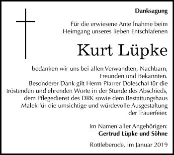 Traueranzeige von Kurt Lüpke von Mitteldeutsche Zeitung