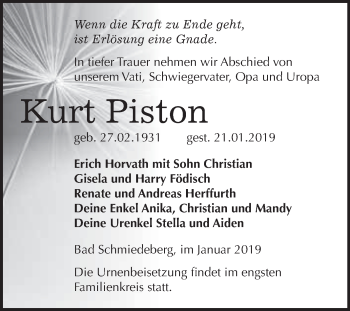 Traueranzeige von Kurt Piston von WVG - Wochenspiegel Wittenberg