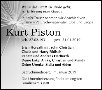 Traueranzeige von Kurt Piston von Mitteldeutsche Zeitung