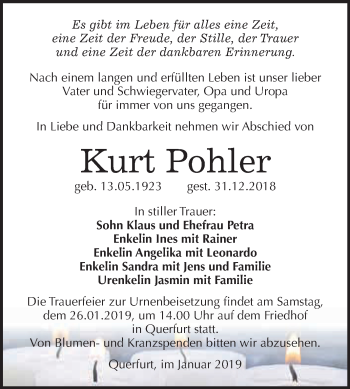 Traueranzeige von Kurt Pohler von WVG - Wochenspiegel Merseburg