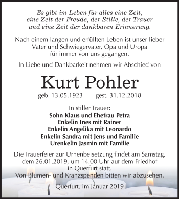 Traueranzeige von Kurt Pohler von Mitteldeutsche Zeitung Merseburg/Querfurt
