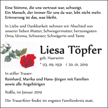 Traueranzeige von Liesa Töpfer von Mitteldeutsche Zeitung