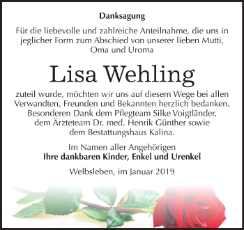 Traueranzeige von Lisa Wehling von Mitteldeutsche Zeitung Mansfelder Land