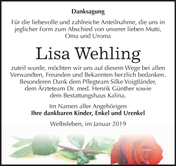 Traueranzeige von Lisa Wehling von Wochenspiegel Mansfelder Land
