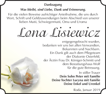 Traueranzeige von Lona Lisiewicz von Super Sonntag Zeitz