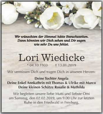 Traueranzeige von Lori Wiedicke von WVG - Wochenspiegel NMB / WSF / ZTZ