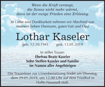 Traueranzeige von Lothar Kaseler von Mitteldeutsche Zeitung Halle/Saalkreis