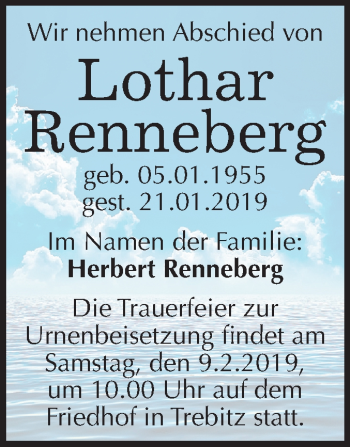 Traueranzeige von Lothar Renneberg von Mitteldeutsche Zeitung Halle/Saalkreis