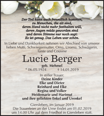 Traueranzeige von Lucie Berger von Mitteldeutsche Zeitung Aschersleben