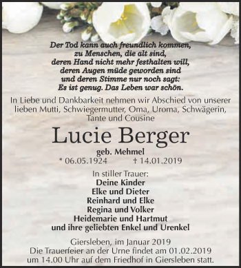 Traueranzeige von Lucie Berger von Super Sonntag Aschersleben