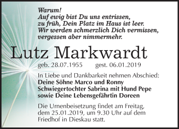 Traueranzeige von Lutz Markwardt von Mitteldeutsche Zeitung Halle/Saalkreis