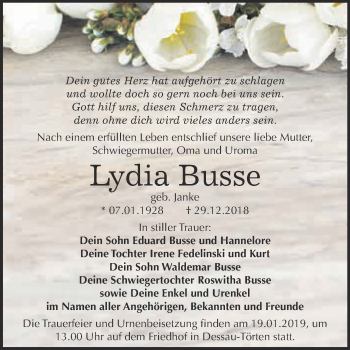 Traueranzeige von Lydia Busse von WVG - Wochenspiegel Bitterfeld