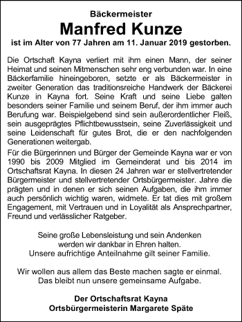Traueranzeige von Manfred Kunze von Super Sonntag Zeitz