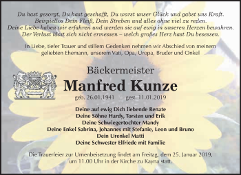Traueranzeige von Manfred Kunze von Super Sonntag Zeitz