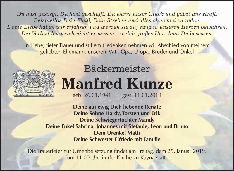  Traueranzeige für Manfred Kunze vom 19.01.2019 aus Super Sonntag Zeitz