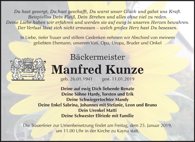  Traueranzeige für Manfred Kunze vom 19.01.2019 aus Mitteldeutsche Zeitung Zeitz