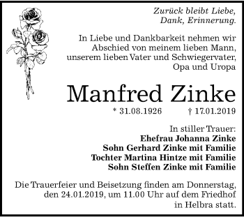 Traueranzeige von Manfred Zinke von Wochenspiegel Mansfelder Land
