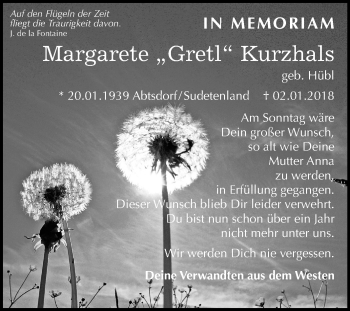 Traueranzeige von Margarete Kurzhals von Mitteldeutsche Zeitung