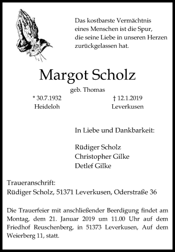 Traueranzeige von Margot Scholz von Mitteldeutsche Zeitung Bitterfeld