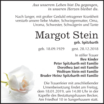 Traueranzeige von Margot Stein von Mitteldeutsche Zeitung Sangerhausen