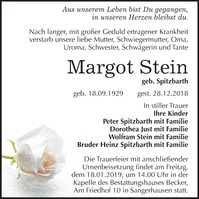  Traueranzeige für Margot Stein vom 17.01.2019 aus Mitteldeutsche Zeitung Sangerhausen