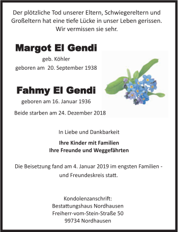 Traueranzeige von Margot und Fahmy El Gendi von Super Sonntag SGH Mansf. Land