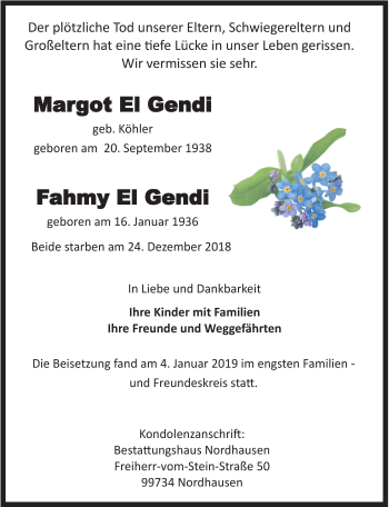 Traueranzeige von Margot und Fahmy El Gendi von Mitteldeutsche Zeitung