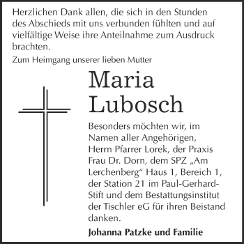 Traueranzeige von Maria Lubosch von WVG - Wochenspiegel Wittenberg