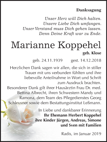 Traueranzeige von Marianne Koppehel von Mitteldeutsche Zeitung