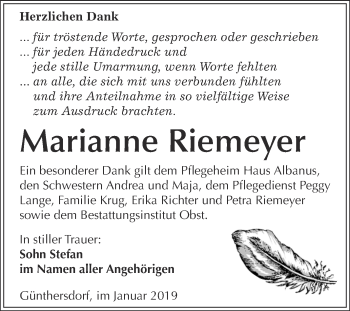 Traueranzeige von Marianne Riemeyer von Super Sonntag Merseburg