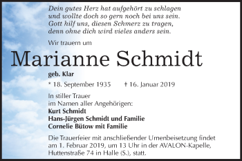 Traueranzeige von Marianne Schmidt von Mitteldeutsche Zeitung Halle/Saalkreis
