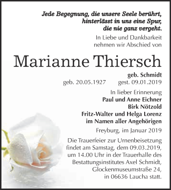 Traueranzeige von Marianne Thiersch von WVG - Wochenspiegel NMB / WSF / ZTZ