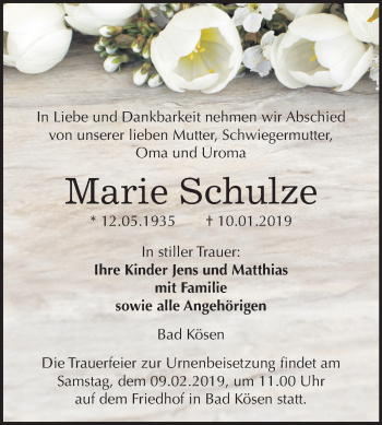 Traueranzeige von Marie Schulze von Mitteldeutsche Zeitung