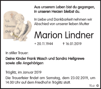 Traueranzeige von Marion Lindner von Mitteldeutsche Zeitung Zeitz