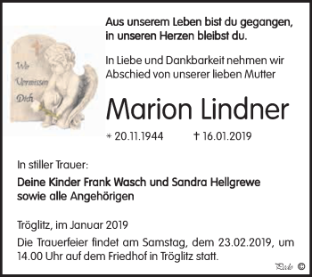 Traueranzeige von Marion Lindner von Super Sonntag Zeitz