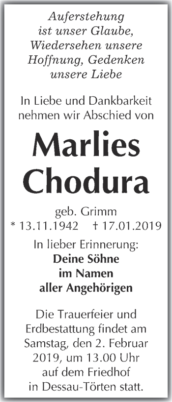 Traueranzeige von Marlies Chodura von WVG - Wochenspiegel Dessau / Köthen