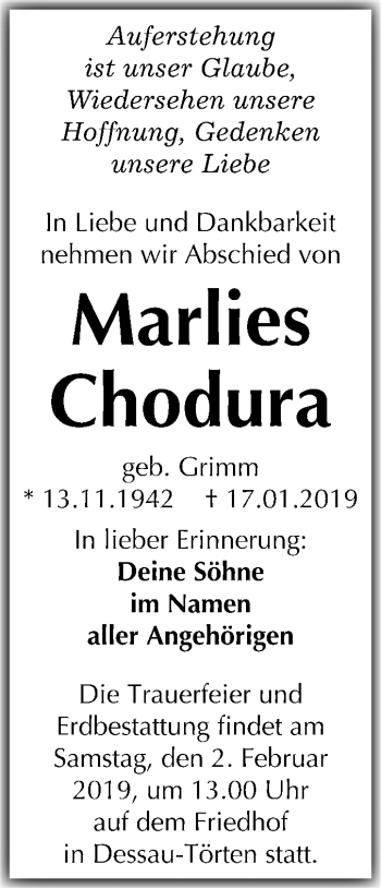 Traueranzeige von Marlies Chodura von Mitteldeutsche Zeitung Dessau-Roßlau