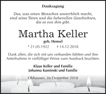 Traueranzeige von Martha Keller von WVG - Wochenspiegel Merseburg