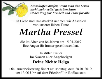 Traueranzeige von Martha Pressel von WVG - Wochenspiegel Dessau / Köthen