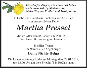 Traueranzeige von Martha Pressel von Mitteldeutsche Zeitung Dessau-Roßlau