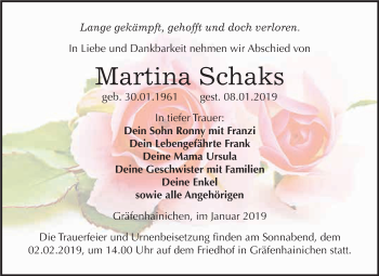 Traueranzeige von Martina Schaks von WVG - Wochenspiegel Wittenberg