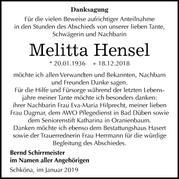 Traueranzeige von Melitta Hensel von Mitteldeutsche Zeitung
