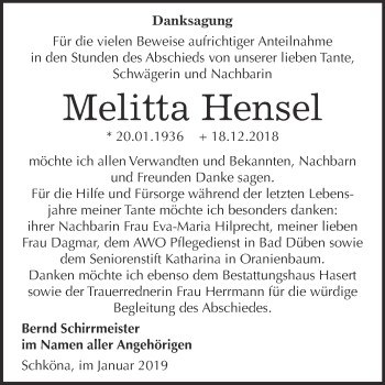 Traueranzeige von Melitta Hensel von Super Sonntag Wittenberg